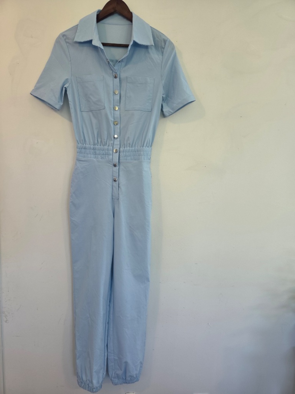 Utility suit romper/jumper blue short sleeve minimalist contemporary stretch - Picture 2 of 12
